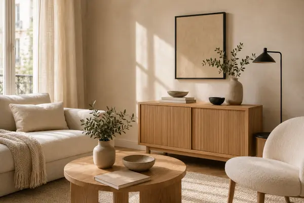 Salon beige avec mobilier en chêne clair et accents noirs