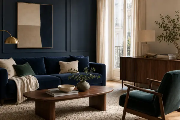 Salon bleu nuit avec mobilier en noyer et assises en velours