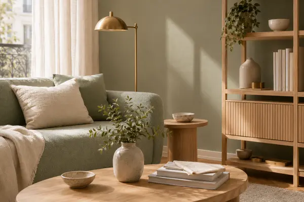 Salon vert sauge avec bois clair et luminaire en laiton