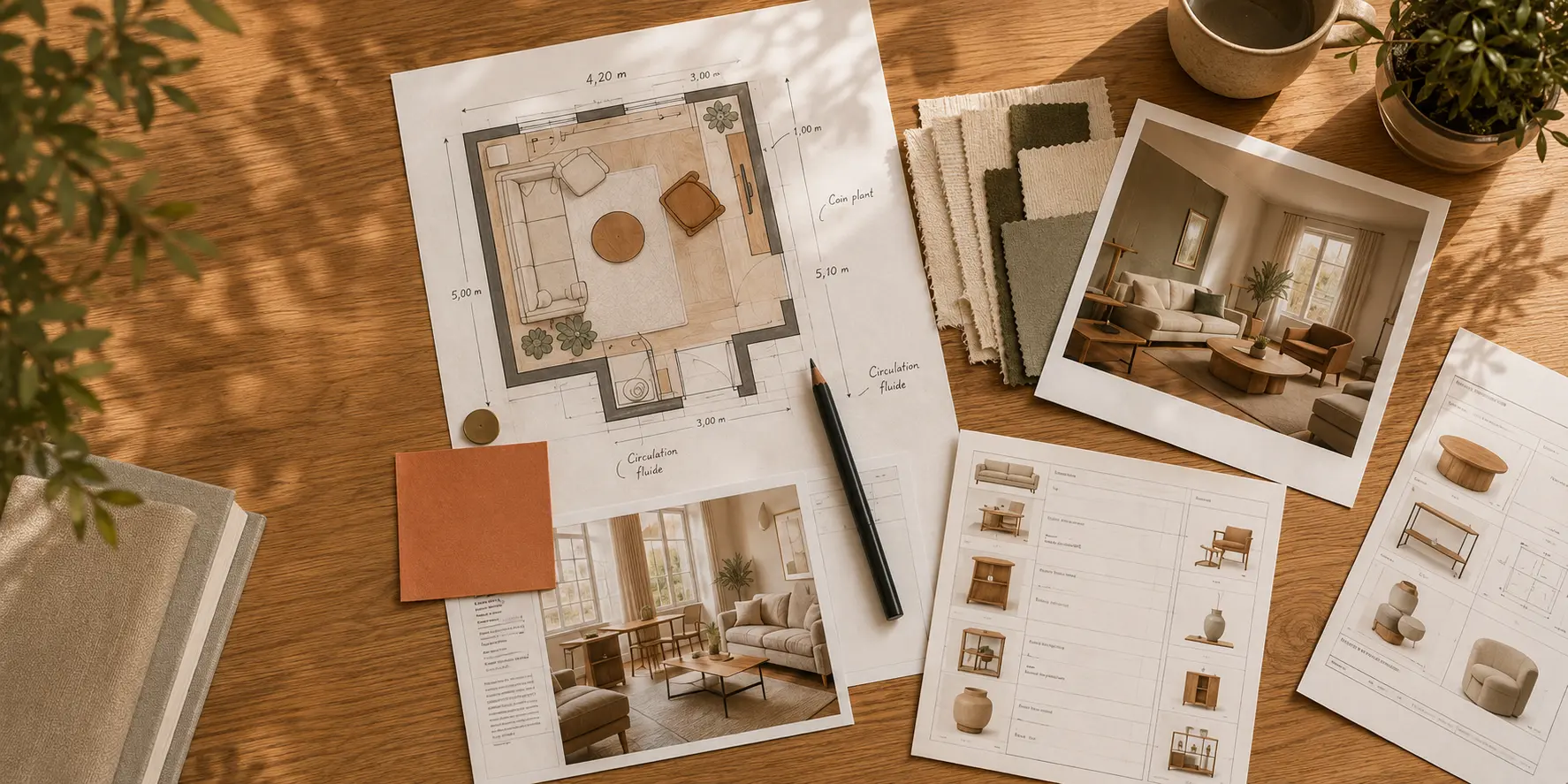 Plan d’aménagement, matières et sélection de mobilier sur une table d’architecte