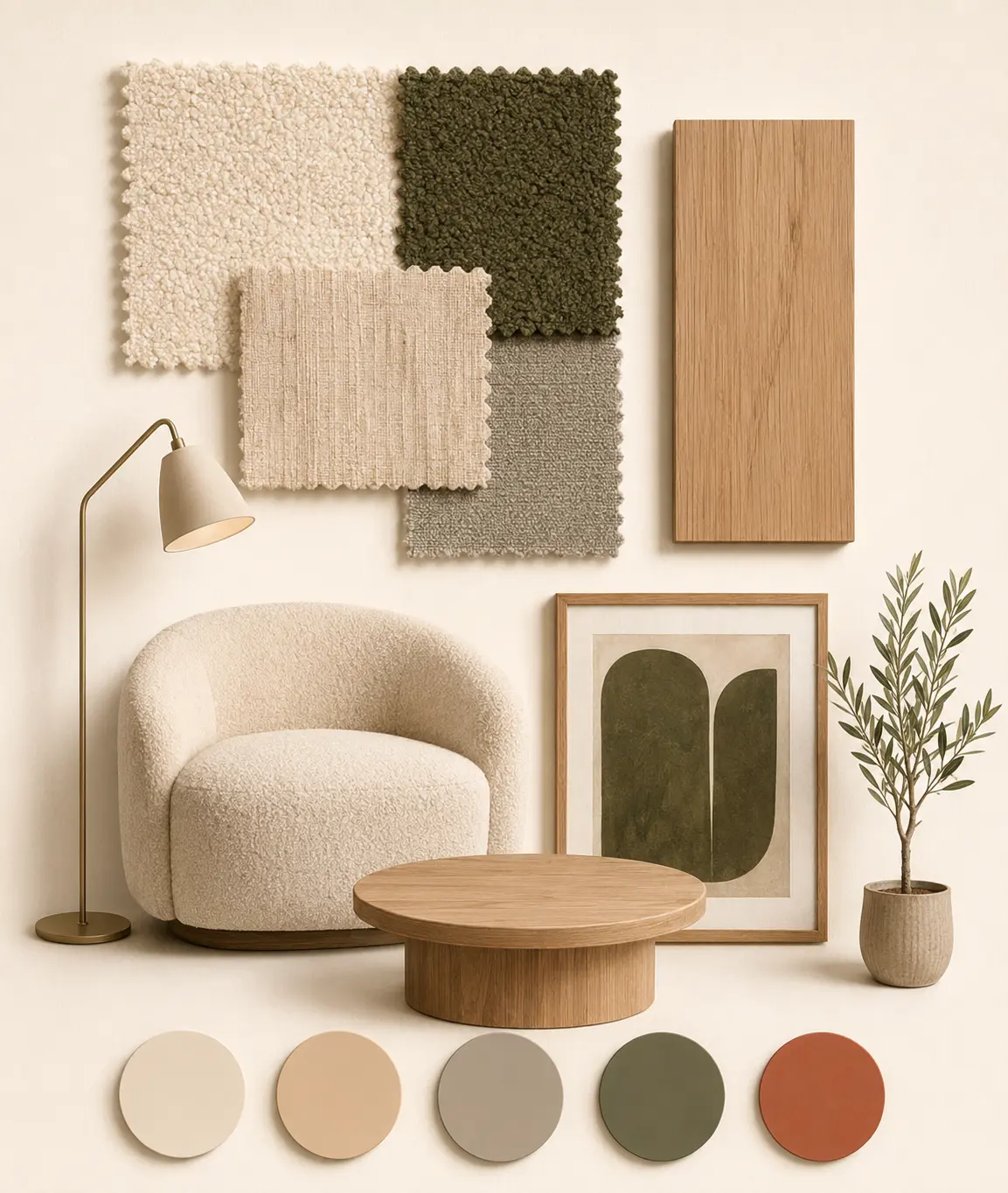 Moodboard dans des tons crème, bois, terracotta et vert olive