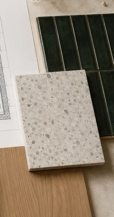 Palette de carrelage, terrazzo, bois et robinetterie