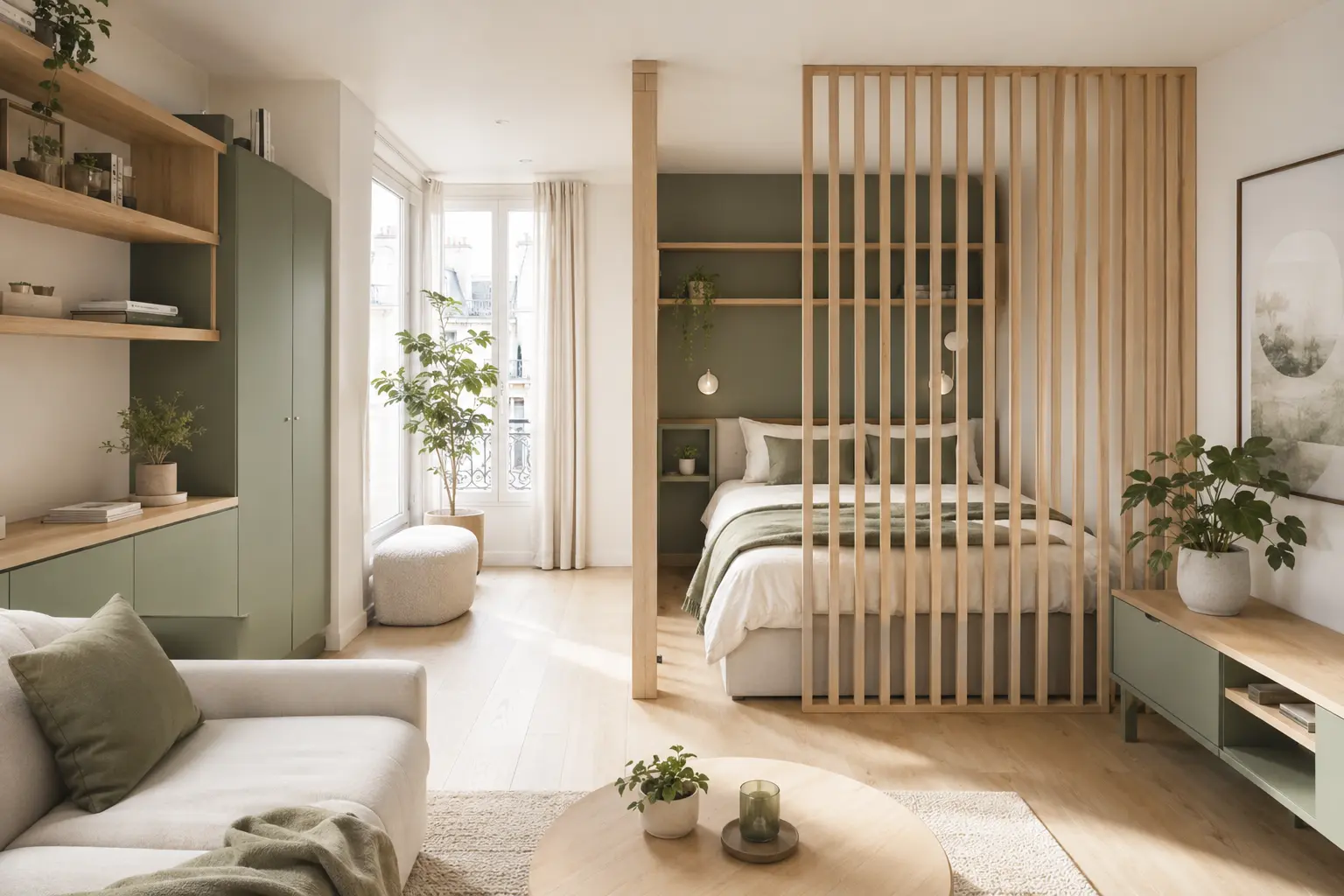 Studio japandi vert sauge