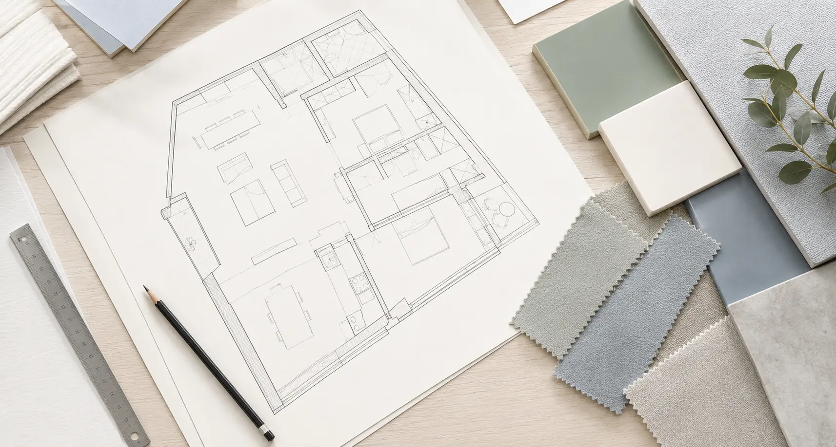 Plans et matières préparés pour un projet de studio