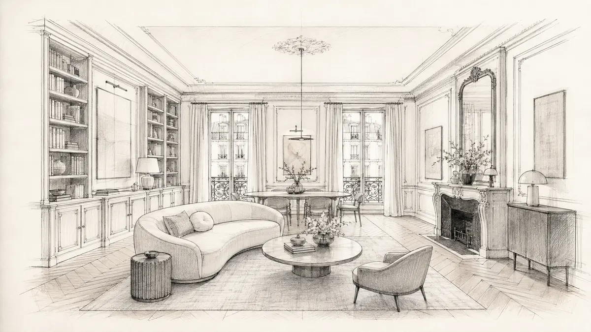 Croquis d’architecte du futur salon