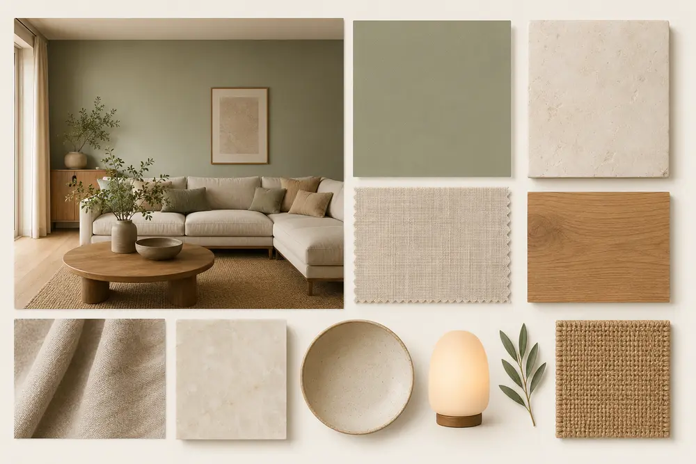 Moodboard sauge, lin, pierre et bois naturel