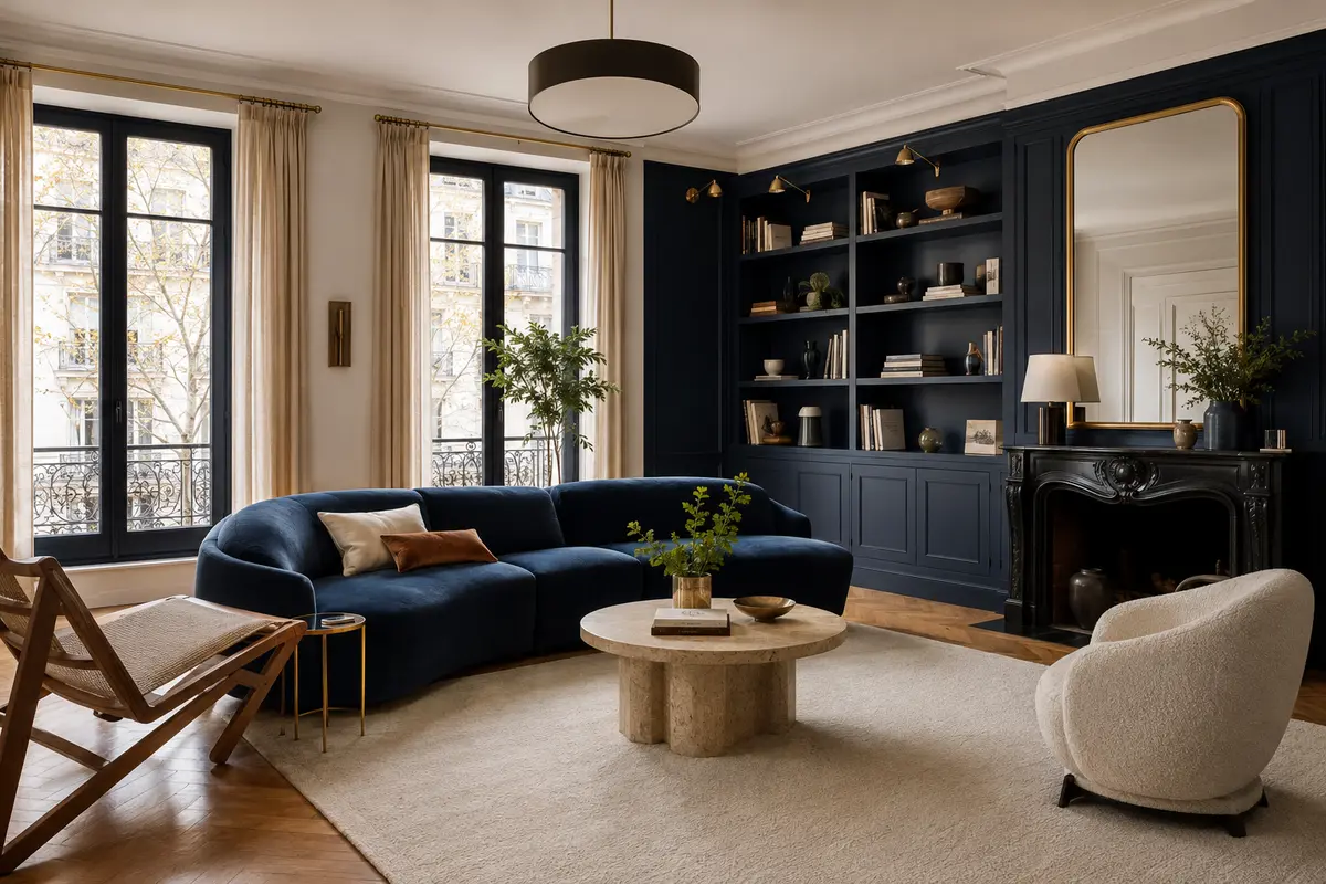 Rendu 3D réaliste du salon bleu profond