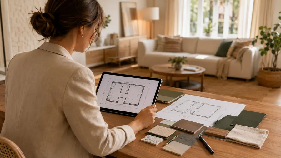 Architecte d’intérieur consultant un plan 2D sur une tablette