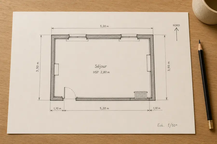 Croquis coté d’une pièce avec portes, fenêtres et radiateur