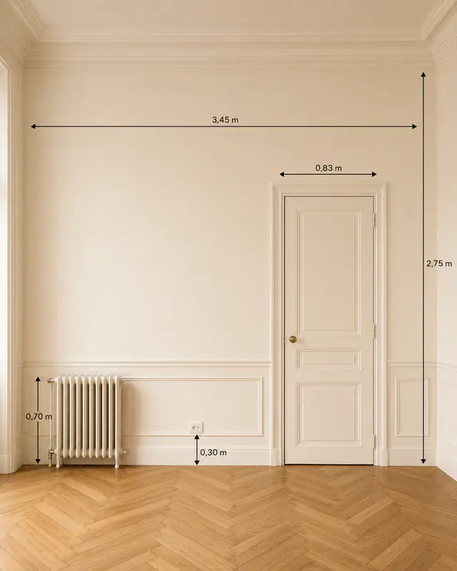 Mur coté avec porte, radiateur, prise et hauteur sous plafond