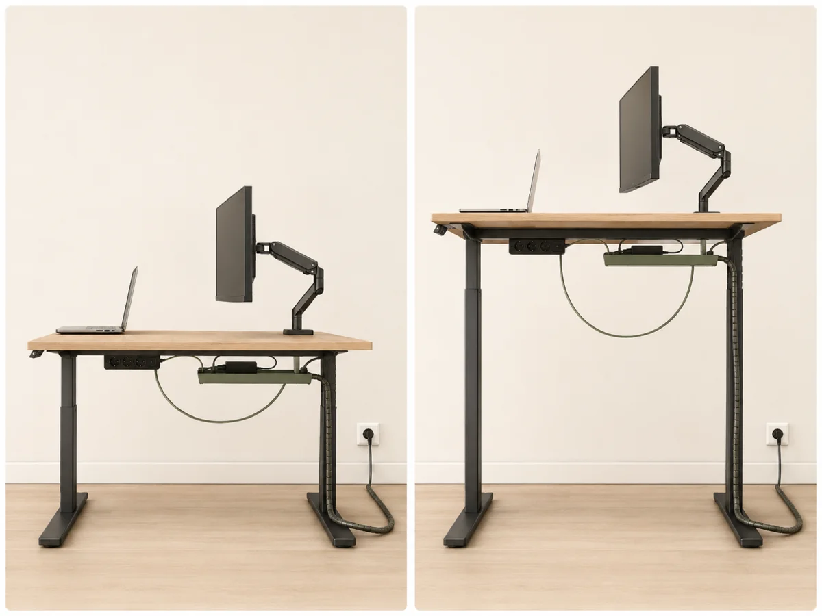 Bureau assis-debout en position basse et haute avec boucle de câble