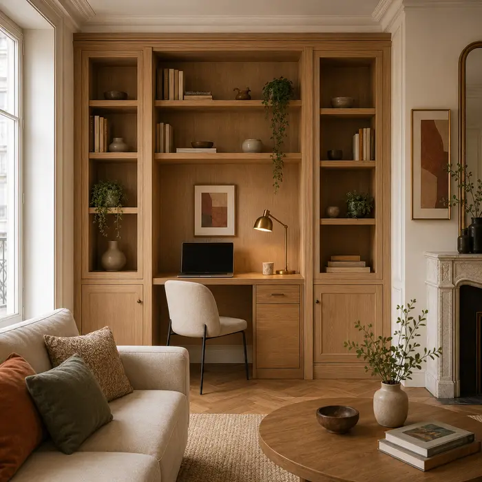 Bureau intégré dans une bibliothèque de salon