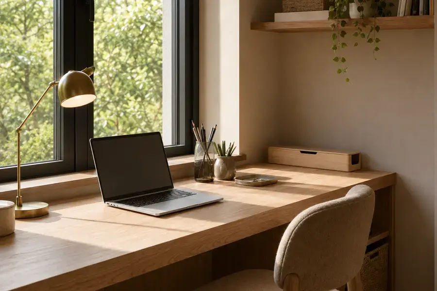 Bureau de chambre ado avec ordinateur et câbles discrètement rangés