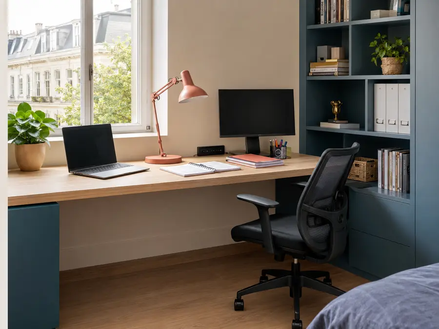 Grand bureau ergonomique dans une chambre de lycéen