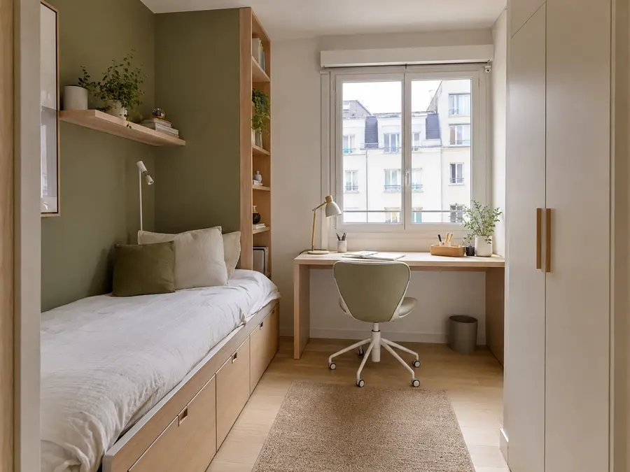 Chambre ado compacte avec lit à tiroirs et bureau sous la fenêtre