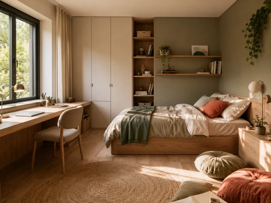 Chambre ado équilibrée avec bureau, rangements et coussins pour recevoir