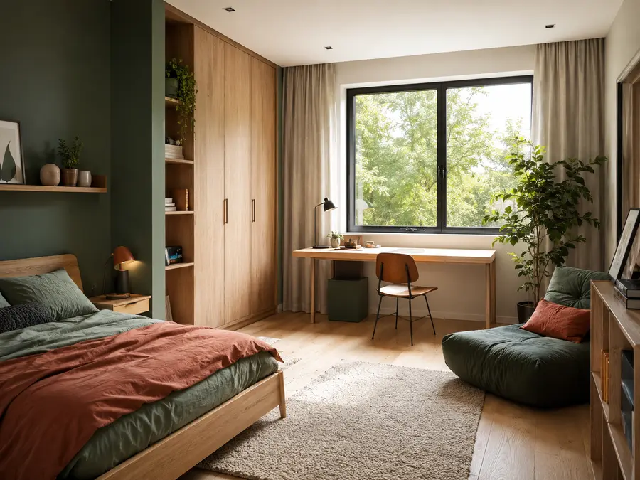 Grande chambre ado avec lit double, bureau large, dressing et fauteuil
