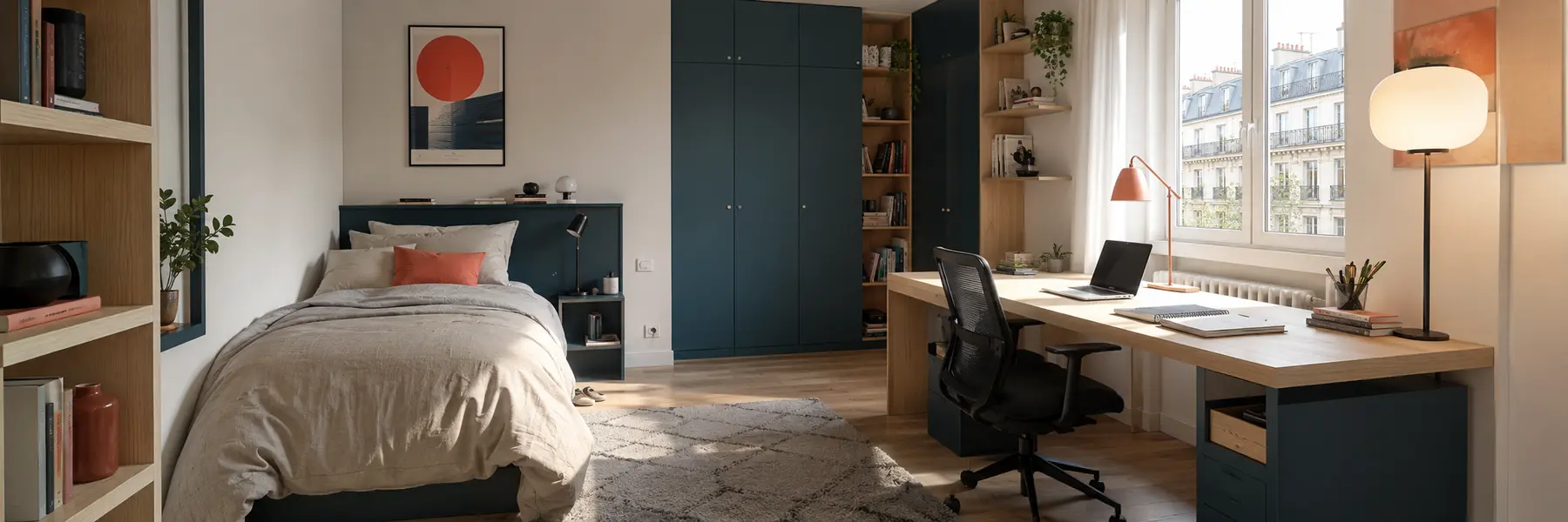 Chambre de lycéen avec bureau et espace sommeil