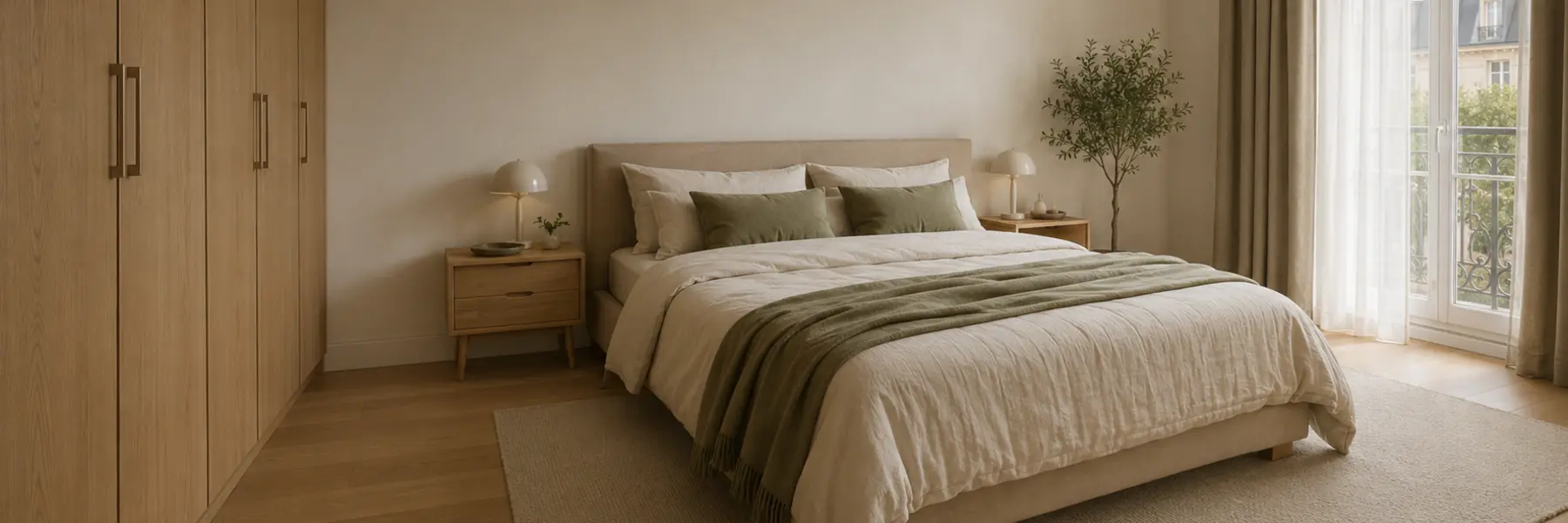 Chambre apaisante avec lumière douce et rangement discret