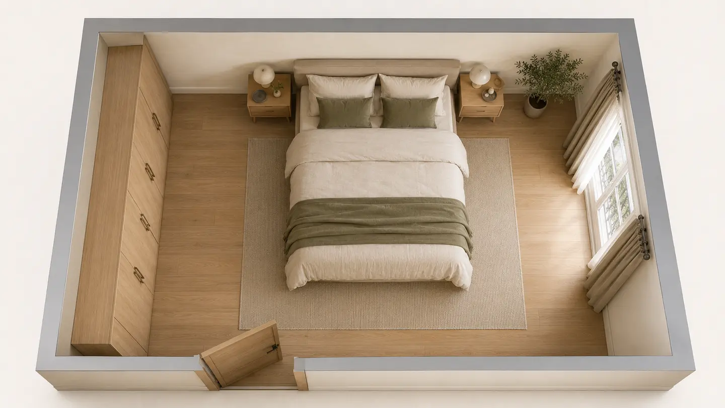 Plan 3D vu du dessus d’une chambre de 4,20 m par 3,60 m