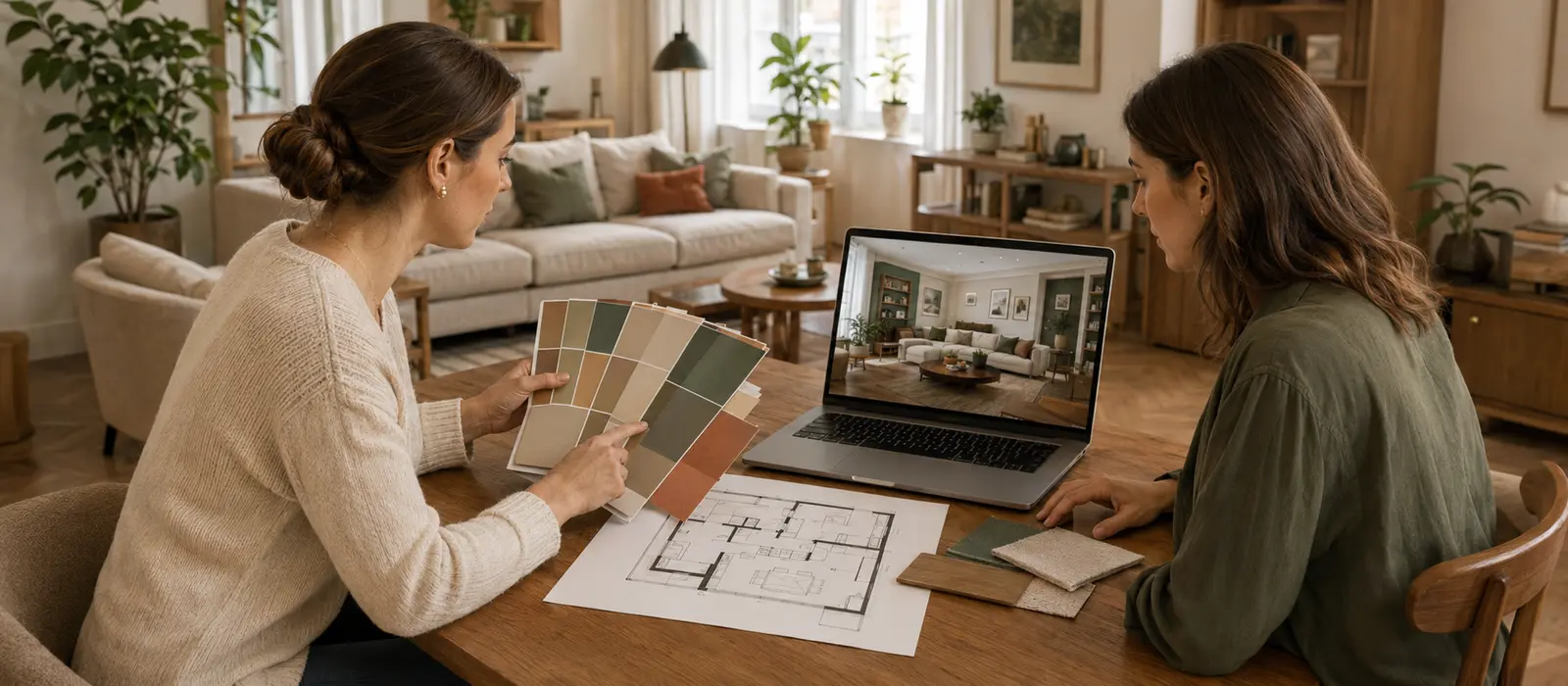 Décoratrice et cliente comparant des échantillons, un plan et une vue 3D