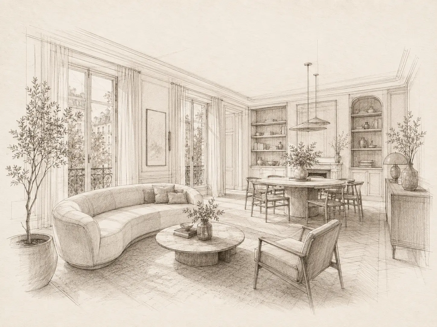 Croquis architectural d’un intérieur lumineux