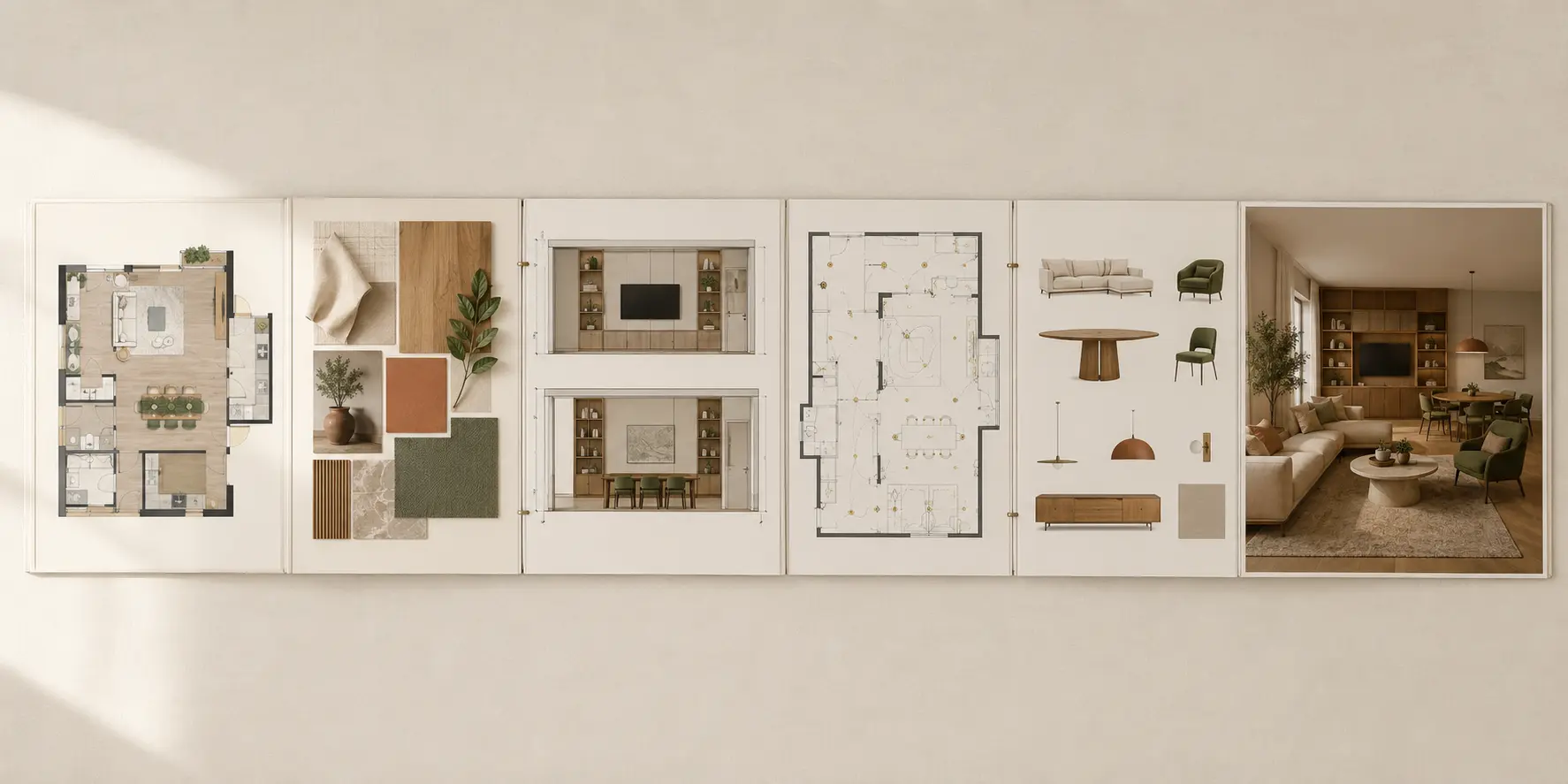 Dossier complet reliant plan, matières, élévations, lumière, mobilier et vue 3D