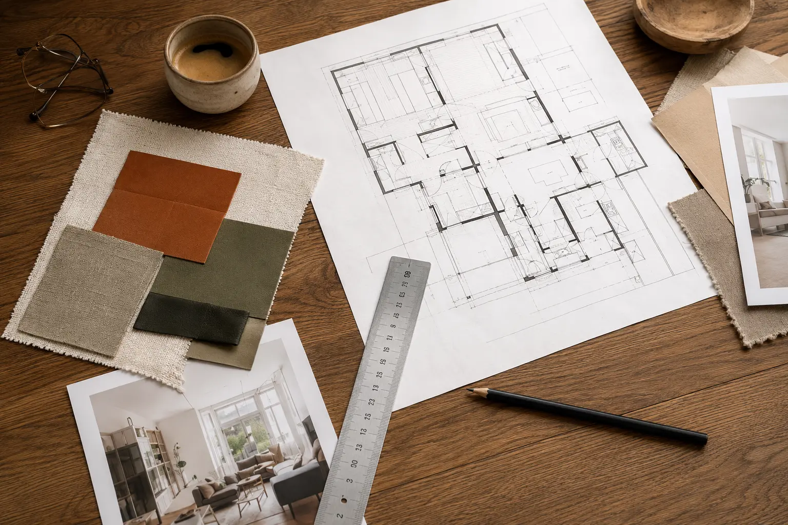 Plan, échantillons et outils sur la table d’un architecte d’intérieur