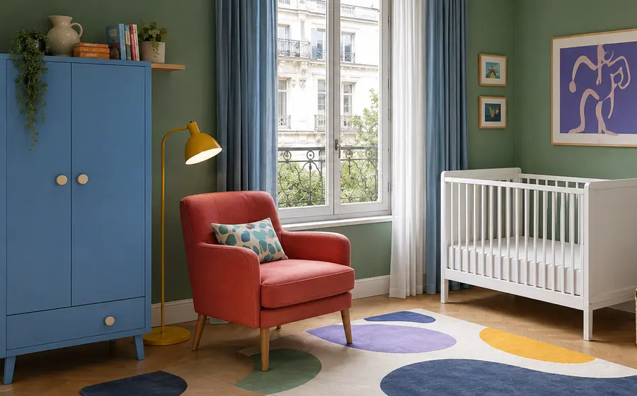Chambre de bébé colorée organisée autour de trois zones