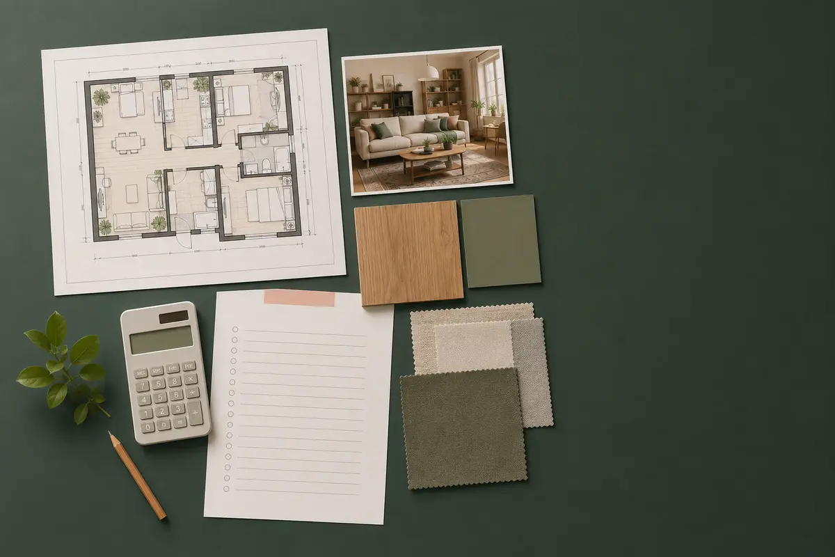 Plan 2D, moodboard, matières et calculatrice pour préparer un budget décoration