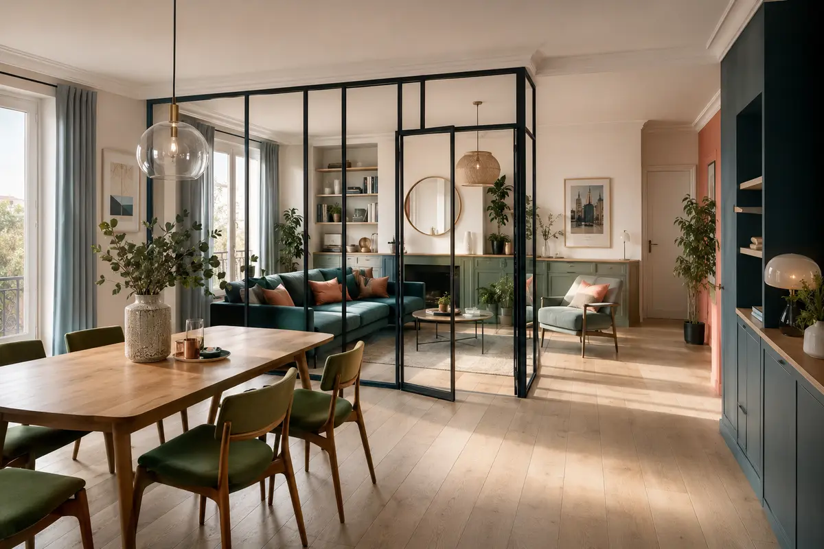 Salle à manger séparée du salon par une verrière intérieure