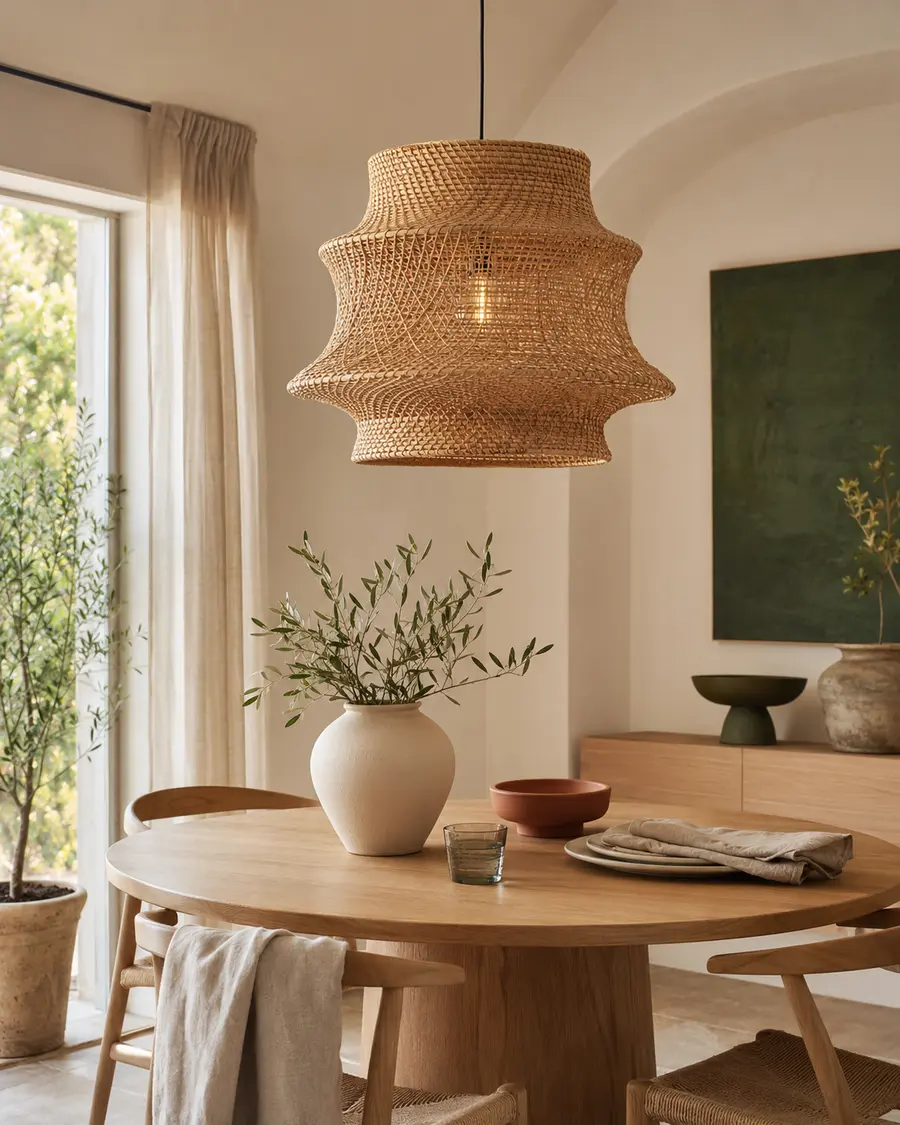 Suspension tressée au-dessus d’une table en bois