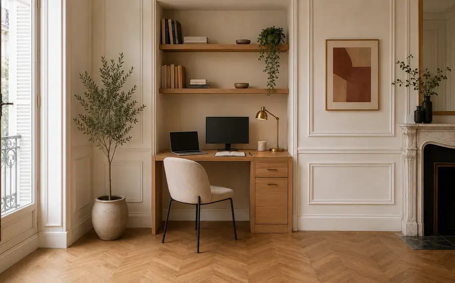 Bureau compact avec ordinateur portable, écran et fauteuil
