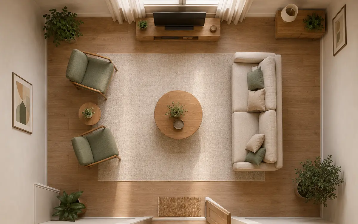 Vue du dessus d’un salon avec canapé, fauteuils, table basse et passages dégagés