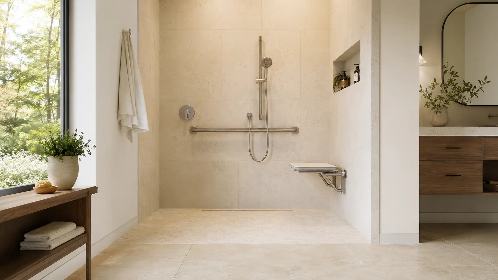 Douche accessible avec siège rabattable et barre d’appui