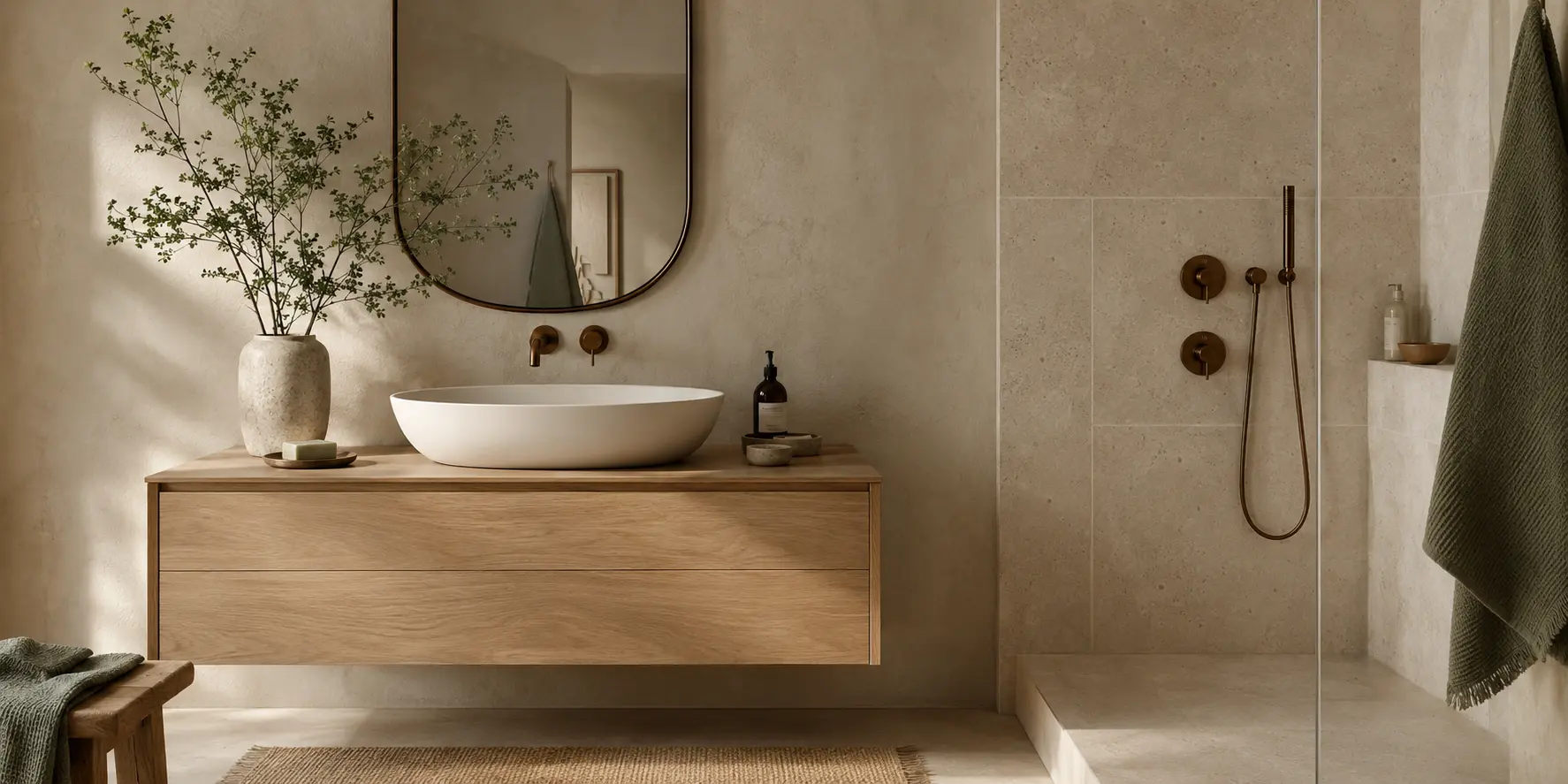 Meuble vasque et douche à l’italienne dans une salle de bains harmonieuse