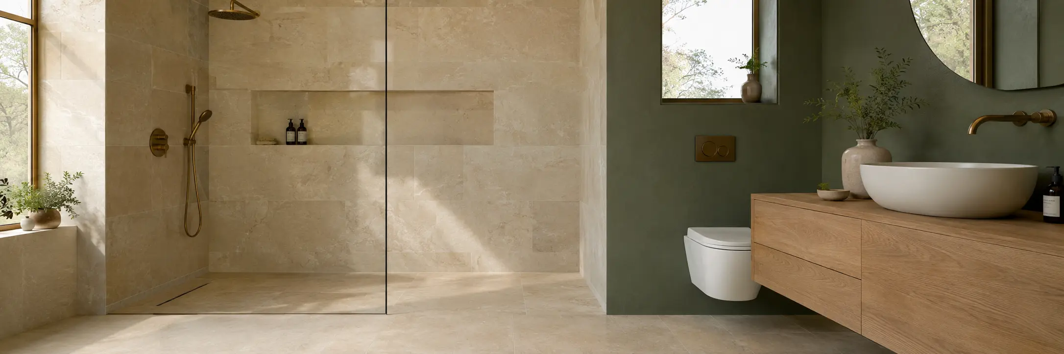 Salle de bains avec douche à l’italienne, meuble vasque en chêne et mur vert sauge