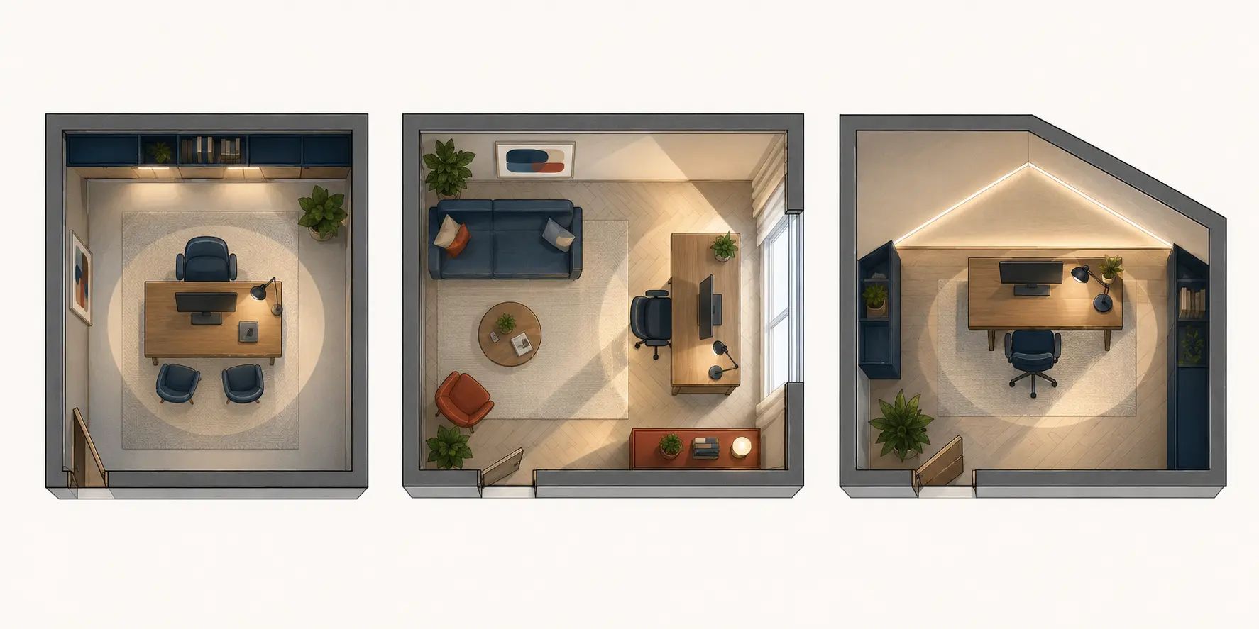 Plans de trois solutions d’éclairage pour un petit bureau, un bureau dans le salon et un bureau sous pente
