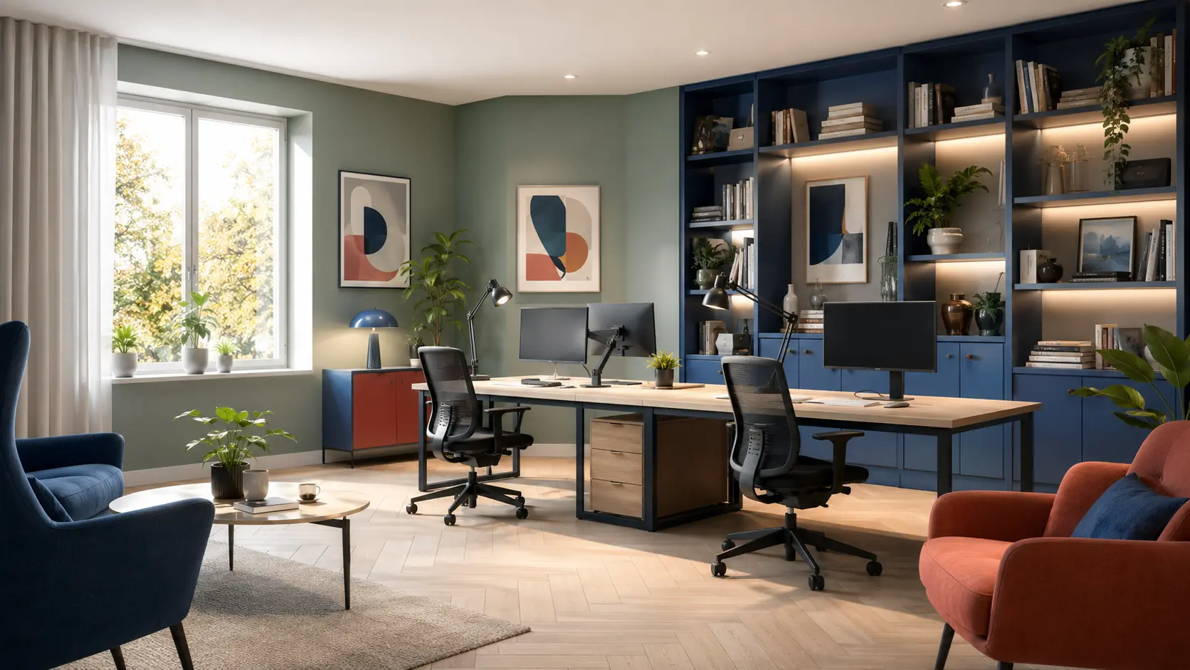 Bureau intégré au salon avec rangements bleus et éclairage équilibré