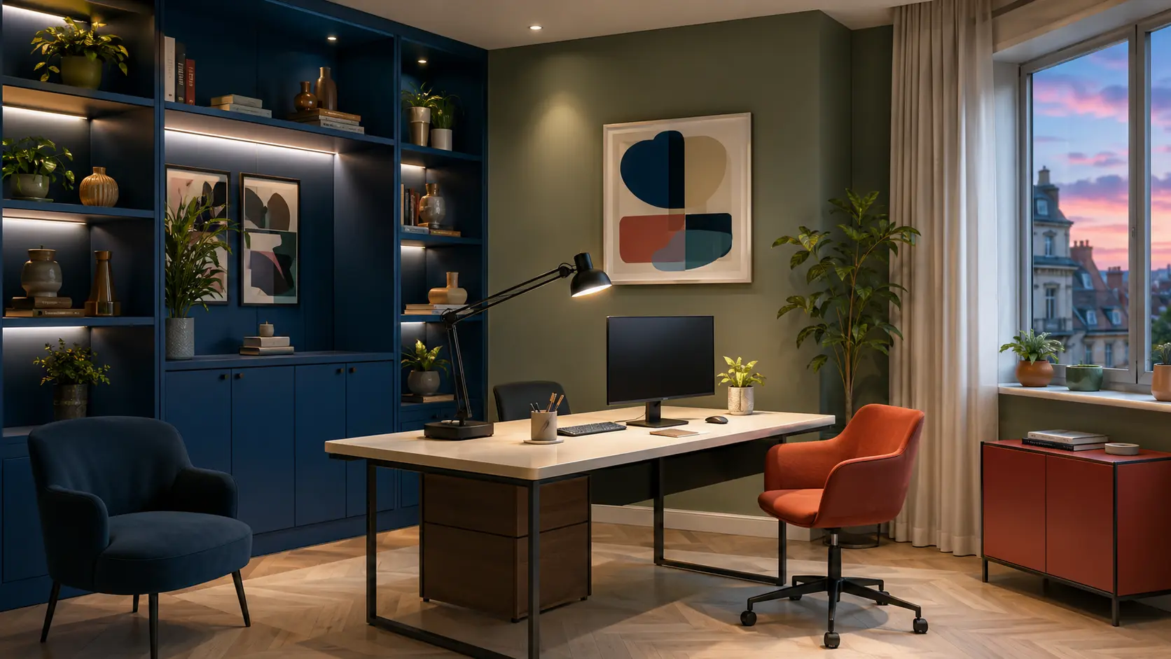 Bureau bleu et sauge éclairé par une fenêtre latérale, une lumière d’ambiance et une lampe de travail