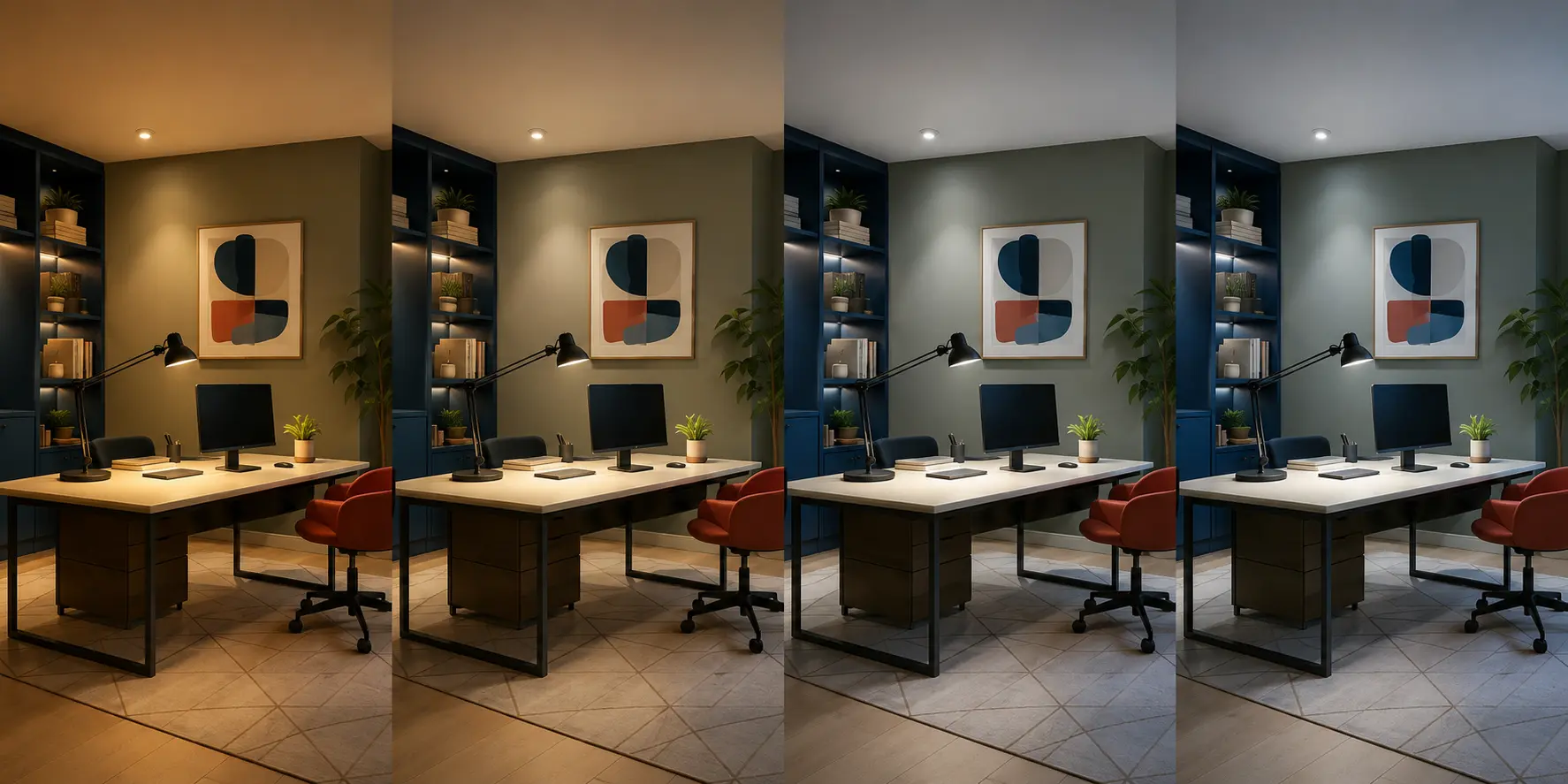 Même bureau sous quatre températures de couleur de 2700 à 5000 kelvins