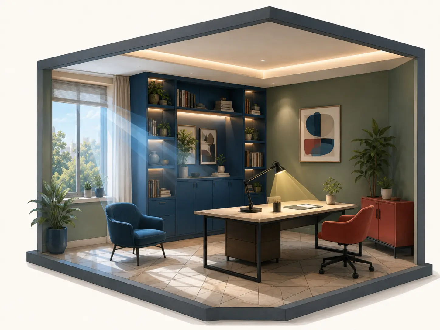 Coupe illustrée d’un bureau combinant lumière du jour, éclairage général et lampe de travail