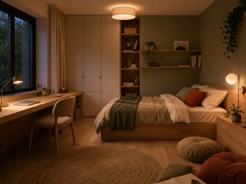Chambre ado éclairée par un plafonnier, une lampe de bureau et une liseuse