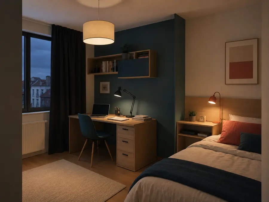 Éclairage général, lampe de bureau et liseuse dans une chambre de lycéen