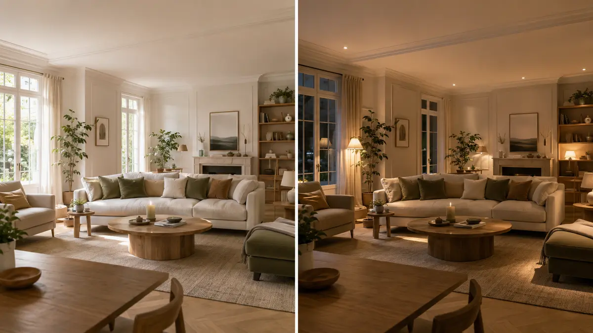 Même salon à la lumière du jour puis avec un éclairage du soir en plusieurs couches