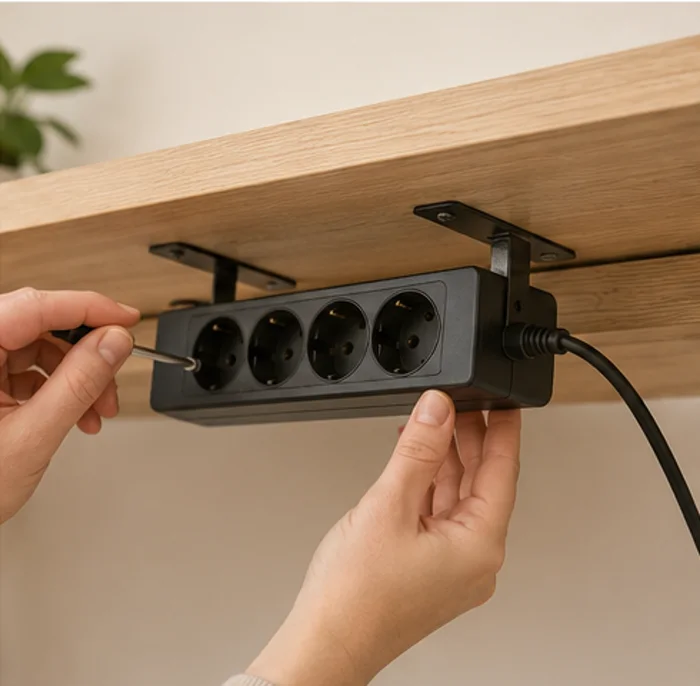 Multiprise fixée sous un bureau