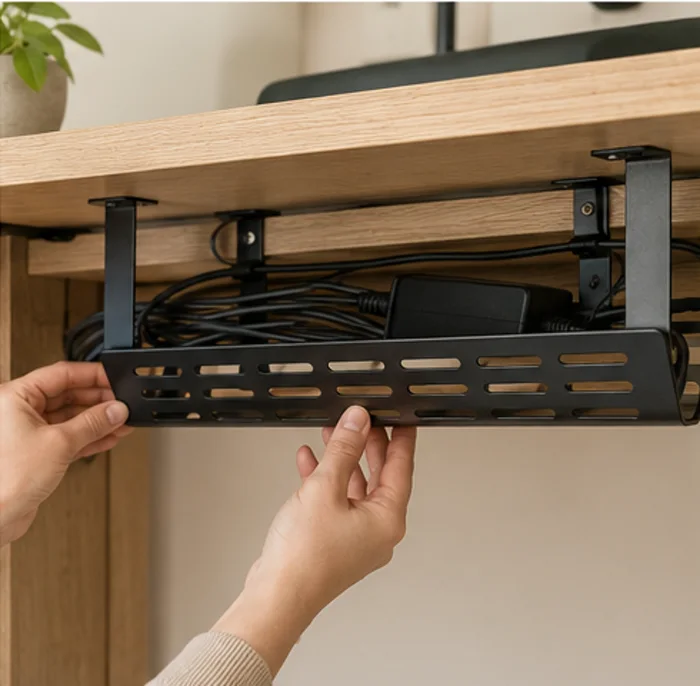 Installation d’un bac passe-câbles sous un bureau