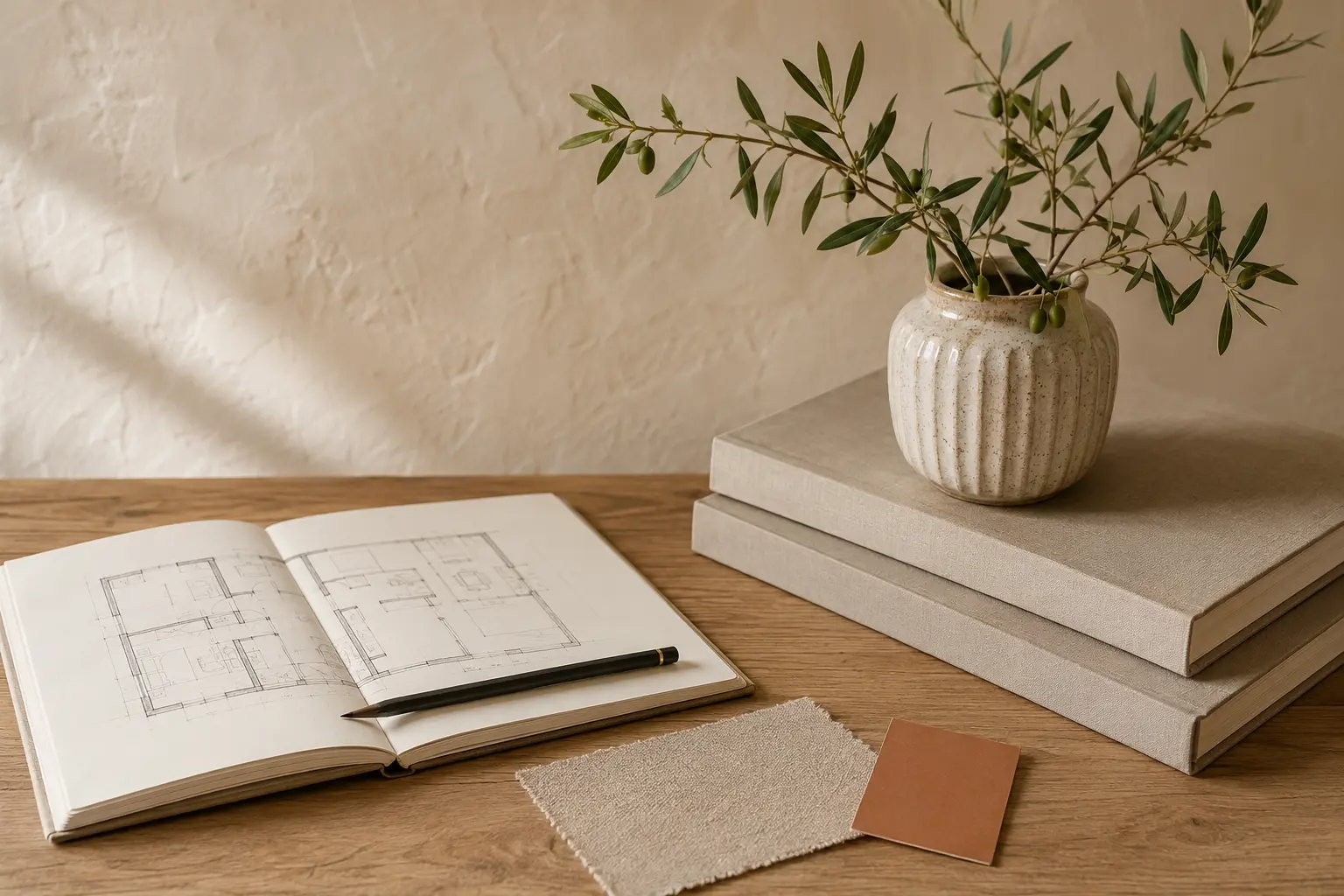 Carnet de plans, matières et branches d’olivier