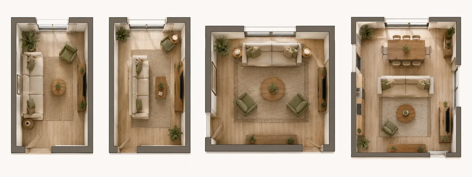 Plans d’un petit salon, d’un salon rectangulaire, carré et d’une pièce ouverte