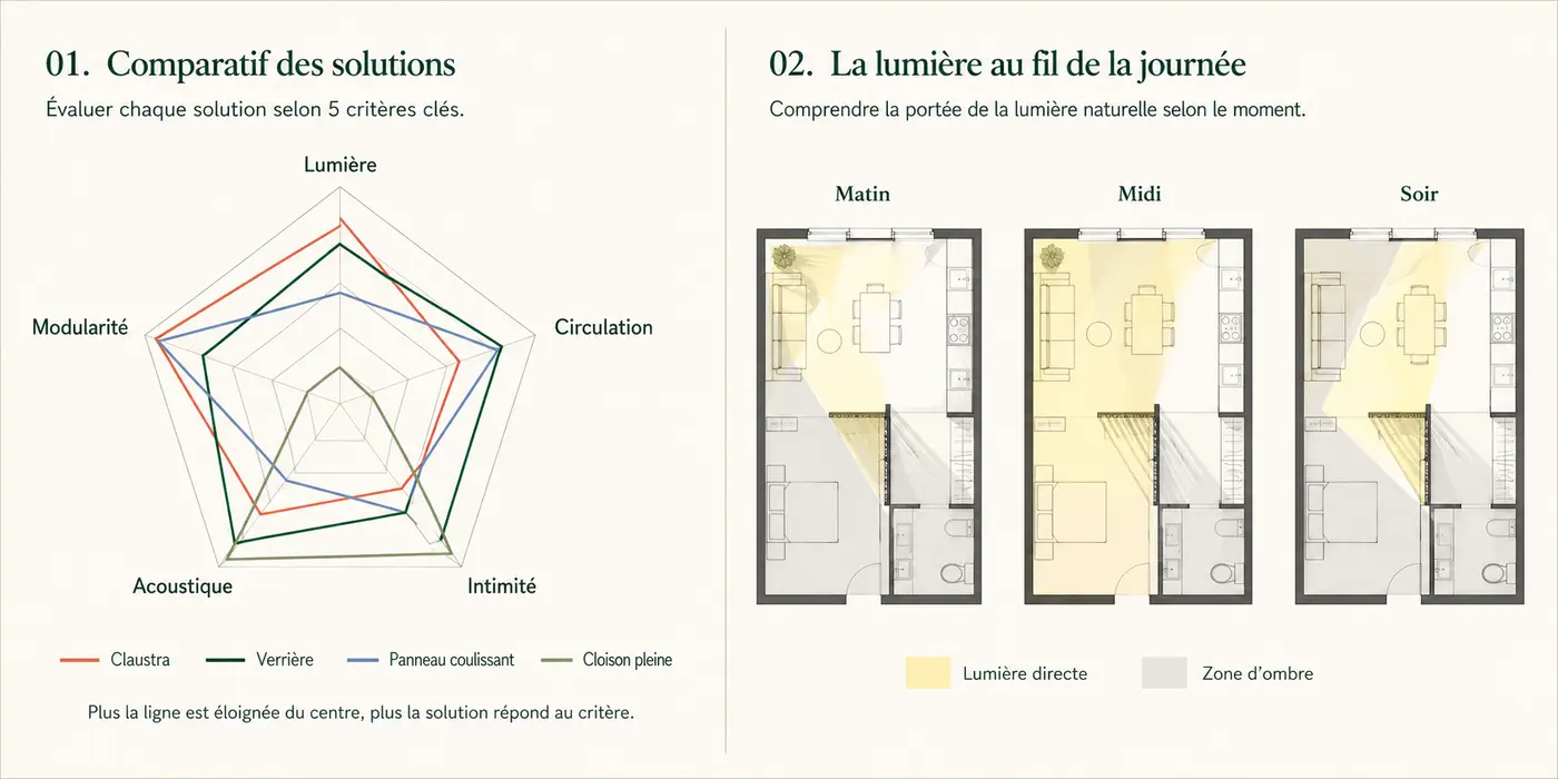 Comparaison des solutions et circulation de la lumière le matin, le midi et le soir